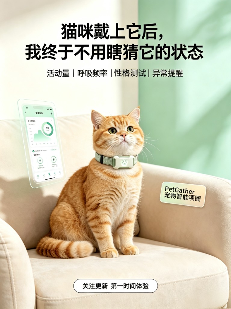 佩戴 PetGather 智能项圈的猫咪与健康报告界面
