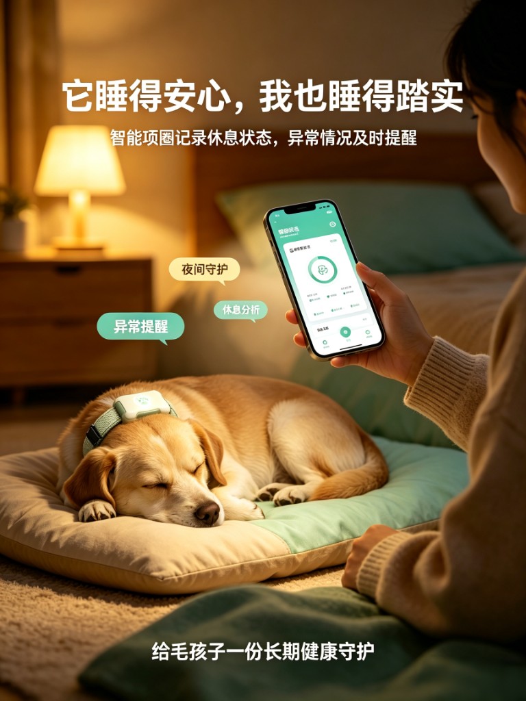 夜间休息监测：狗狗安睡与 App 守护界面